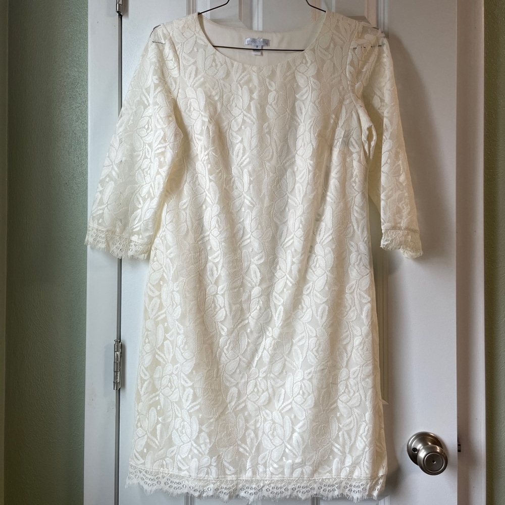 London Times Cream Lace 3/4 Length Sleeve Shift Dress, Size 8